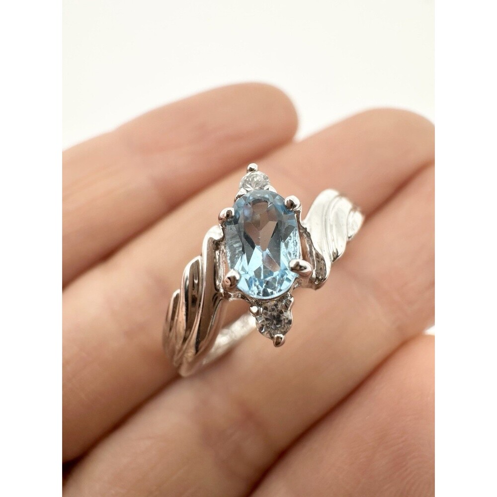 925 Sterling Silver Real Blue Topaz & Round-Cut C Z Bypass Ring Size 7
